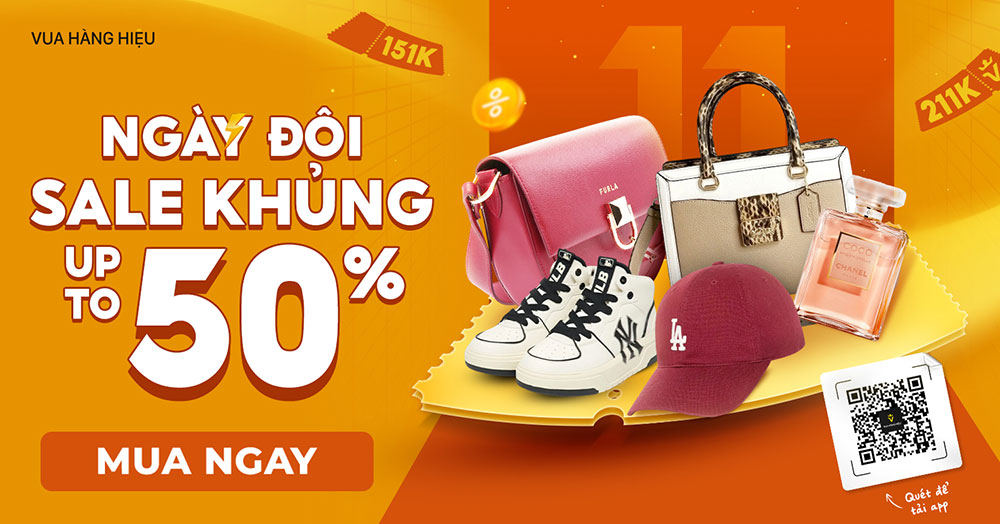 Vua Hàng Hiệu sale “Khủng” dịp Single Day, tặng mã giảm tới 211K, freeship 0Đ